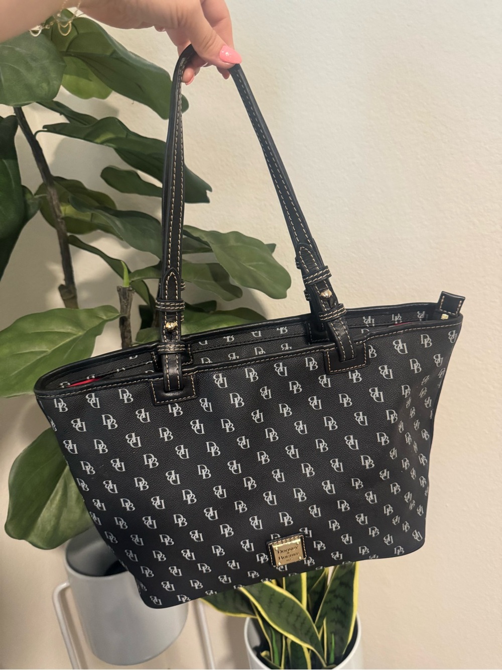 Dooney & Bourke- Gretta - Leisure Shopper -Black DB Monogram Tote - Red Interior